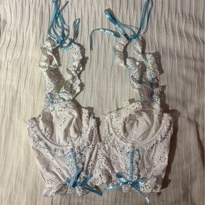 For Love & Lemons Lace Trimmed White and Blue Bustier Top
